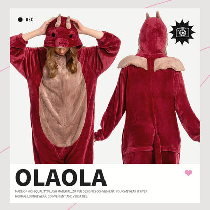 OLAOLA Unisex Adult Plush Red Dragon Animals Onesie Pajamas Warm Home One-Piece Sleepwear
