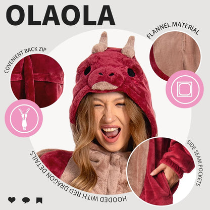 OLAOLA Unisex Adult Plush Red Dragon Animals Onesie Pajamas Warm Home One-Piece Sleepwear