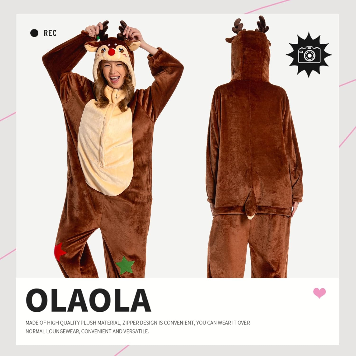 OLAOLA Unisex Adult Plush Reindeer Animals Onesie Christmas Pajamas Warm Home One-Piece Sleepwear