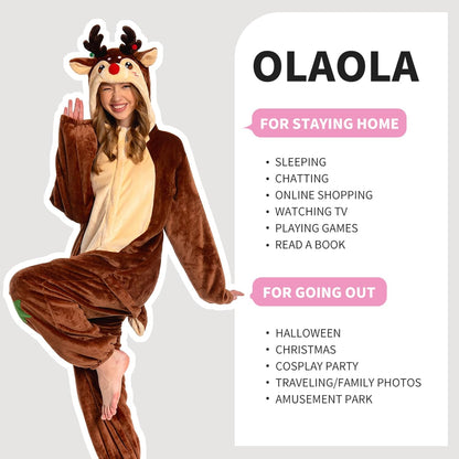 OLAOLA Unisex Adult Plush Reindeer Animals Onesie Christmas Pajamas Warm Home One-Piece Sleepwear