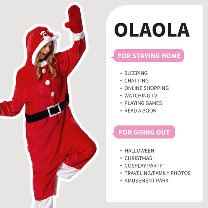 OLAOLA Unisex Adult Plush Santa Claus Onesie Christmas Pajamas Warm Home One-Piece Sleepwear