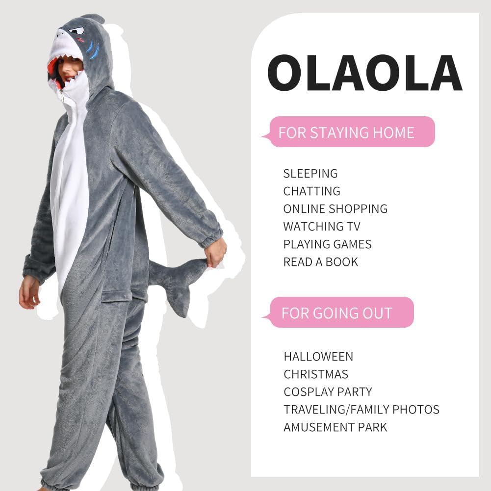 OLAOLA Unisex Adult Plush Shark Animals Onesie Pajamas Warm Home One-Piece Sleepwear