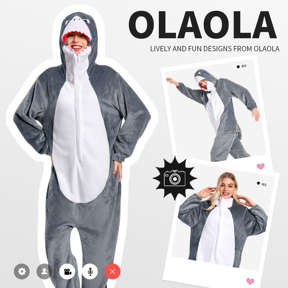 OLAOLA Unisex Adult Plush Shark Animals Onesie Pajamas Warm Home One-Piece Sleepwear