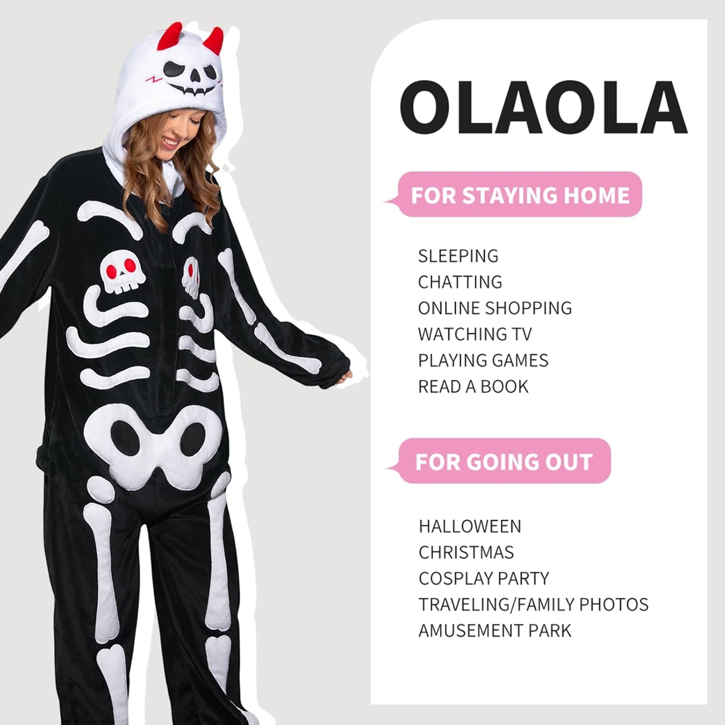 OLAOLA Unisex Adult Plush Skeleton Halloween Onesie Pajamas Warm Home One-Piece Sleepwear