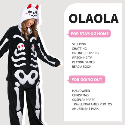 OLAOLA Unisex Adult Plush Skeleton Halloween Onesie Pajamas Warm Home One-Piece Sleepwear