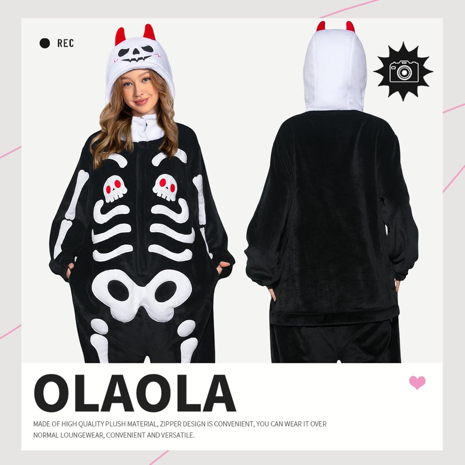 OLAOLA Unisex Adult Plush Skeleton Halloween Onesie Pajamas Warm Home One-Piece Sleepwear