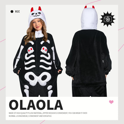 OLAOLA Unisex Adult Plush Skeleton Halloween Onesie Pajamas Warm Home One-Piece Sleepwear