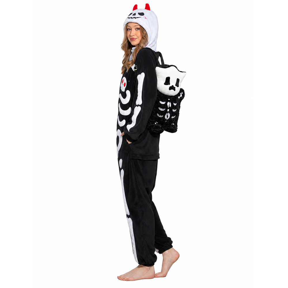 OLAOLA Unisex Adult Plush Skeleton Halloween Onesie Pajamas Warm Home One-Piece Sleepwear
