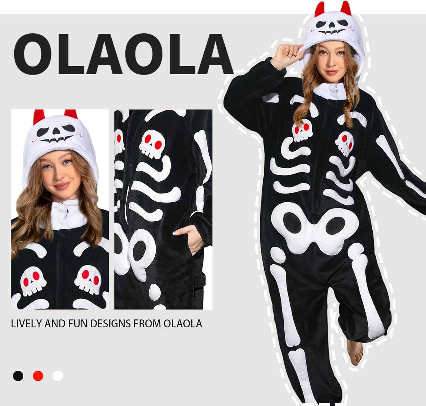 OLAOLA Unisex Adult Plush Skeleton Halloween Onesie Pajamas Warm Home One-Piece Sleepwear