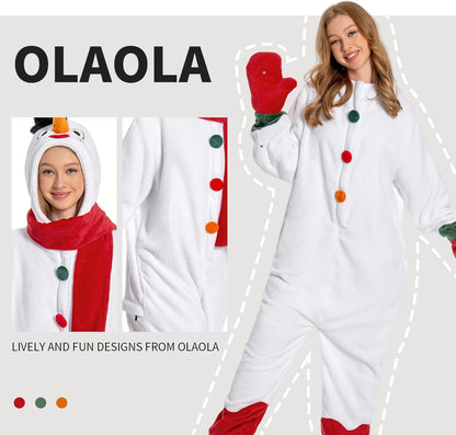 OLAOLA Unisex Adult Plush Snowman Onesie Christmas Pajamas Warm Home One-Piece Sleepwear