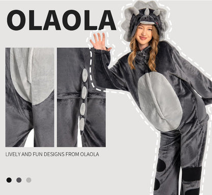 OLAOLA Unisex Adult Plush Triceratops Animals Onesie Dragon Pajamas Warm Home One-Piece Sleepwear