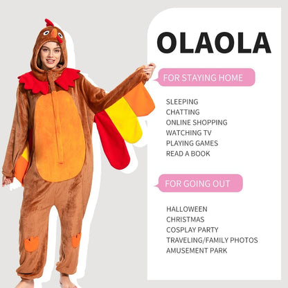 OLAOLA Unisex Adult Plush Turkey Animals Onesie Pajamas Warm Home One-Piece Sleepwear