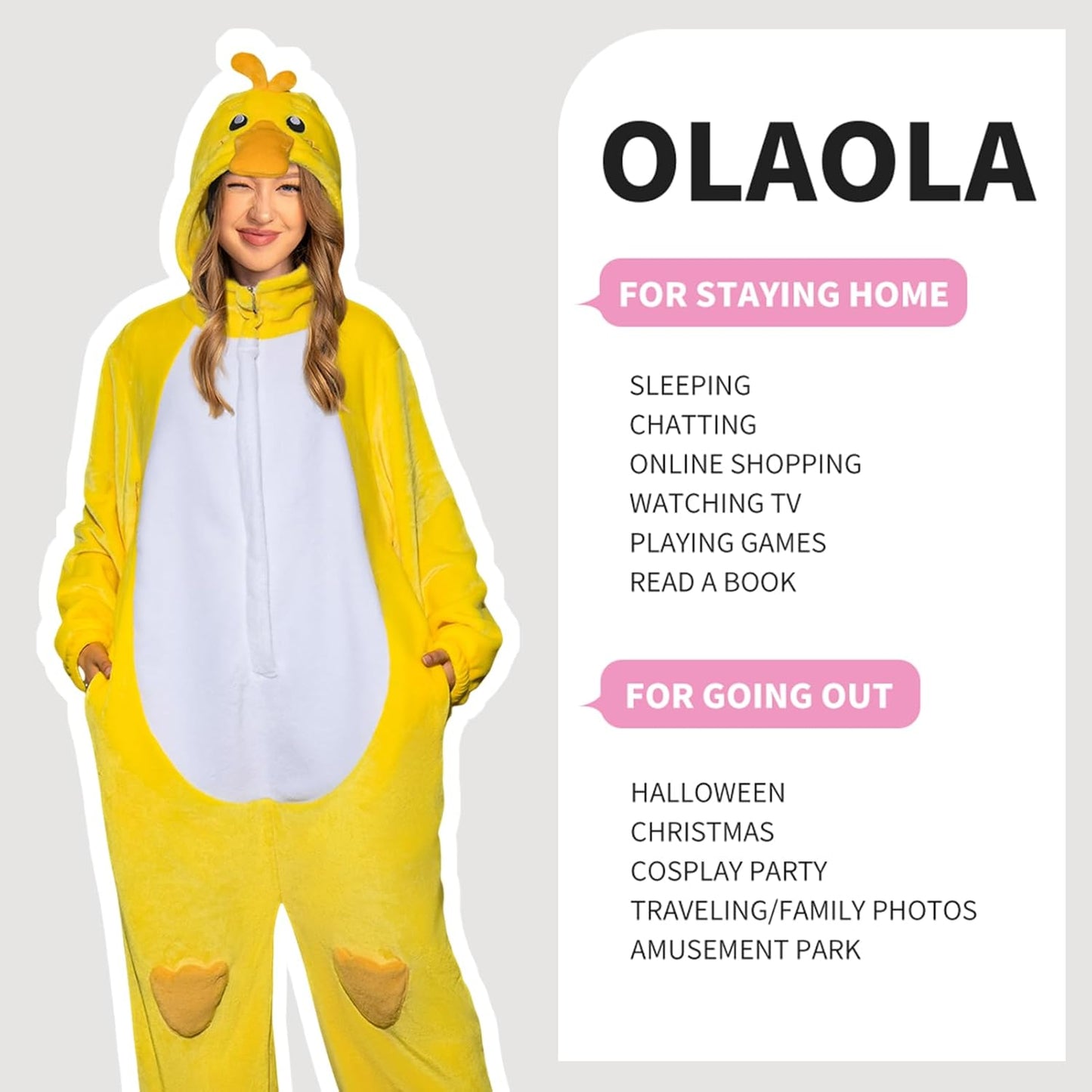 OLAOLA Unisex Adult Plush Yellow Duck Animals Onesie Pajamas Warm Home One-Piece Sleepwear