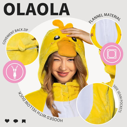 OLAOLA Unisex Adult Plush Yellow Duck Animals Onesie Pajamas Warm Home One-Piece Sleepwear