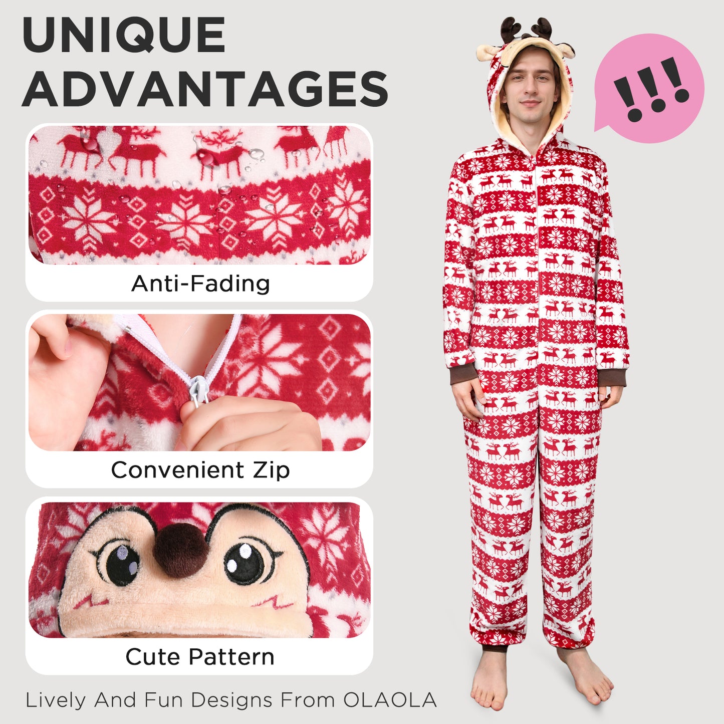 OLAOLA Unisex Adult Printed Christmas Elk Plush Onesie Pajamas Warm Home Sleepwear