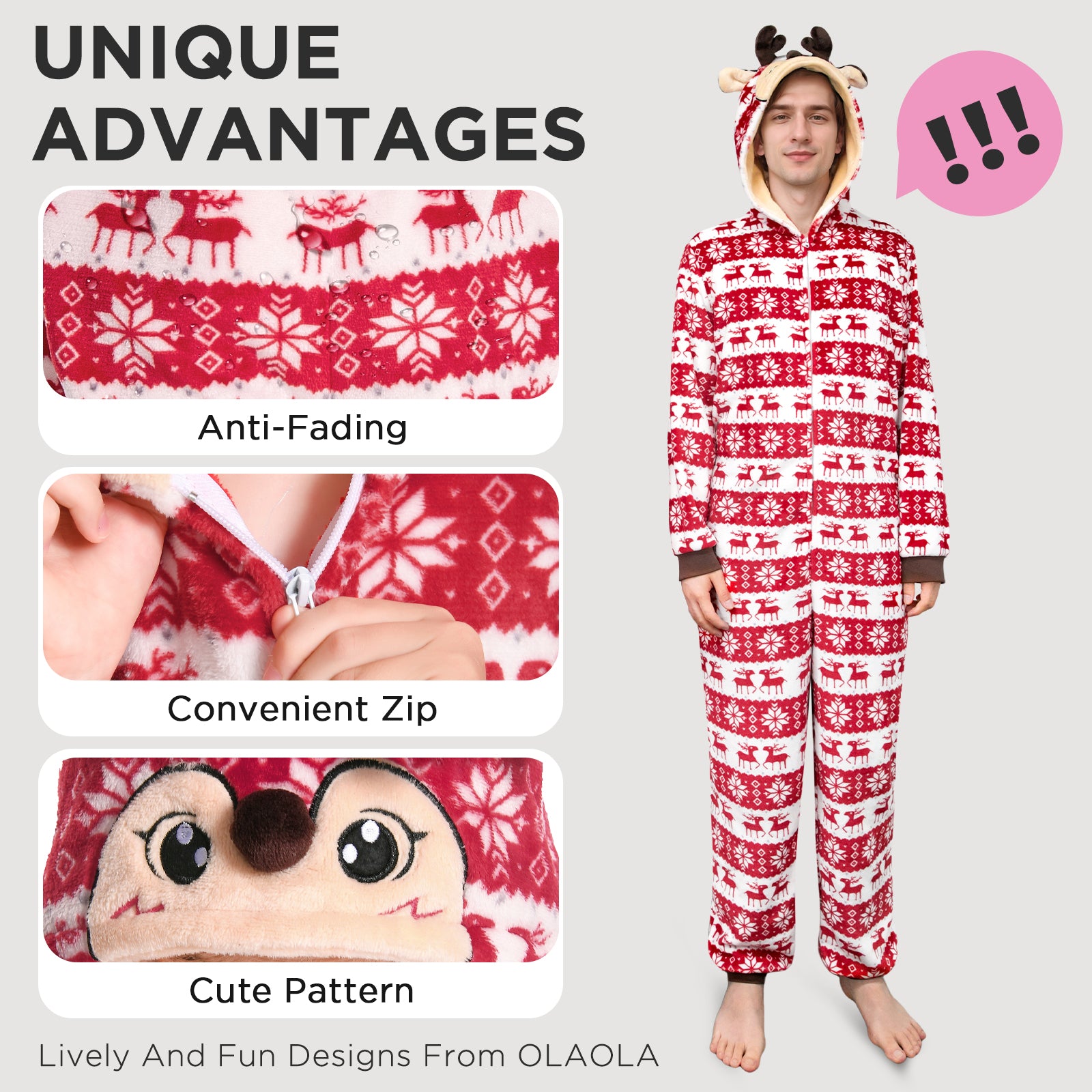 OLAOLA Unisex Adult Printed Christmas Elk Plush Onesie Pajamas Warm Home Sleepwear