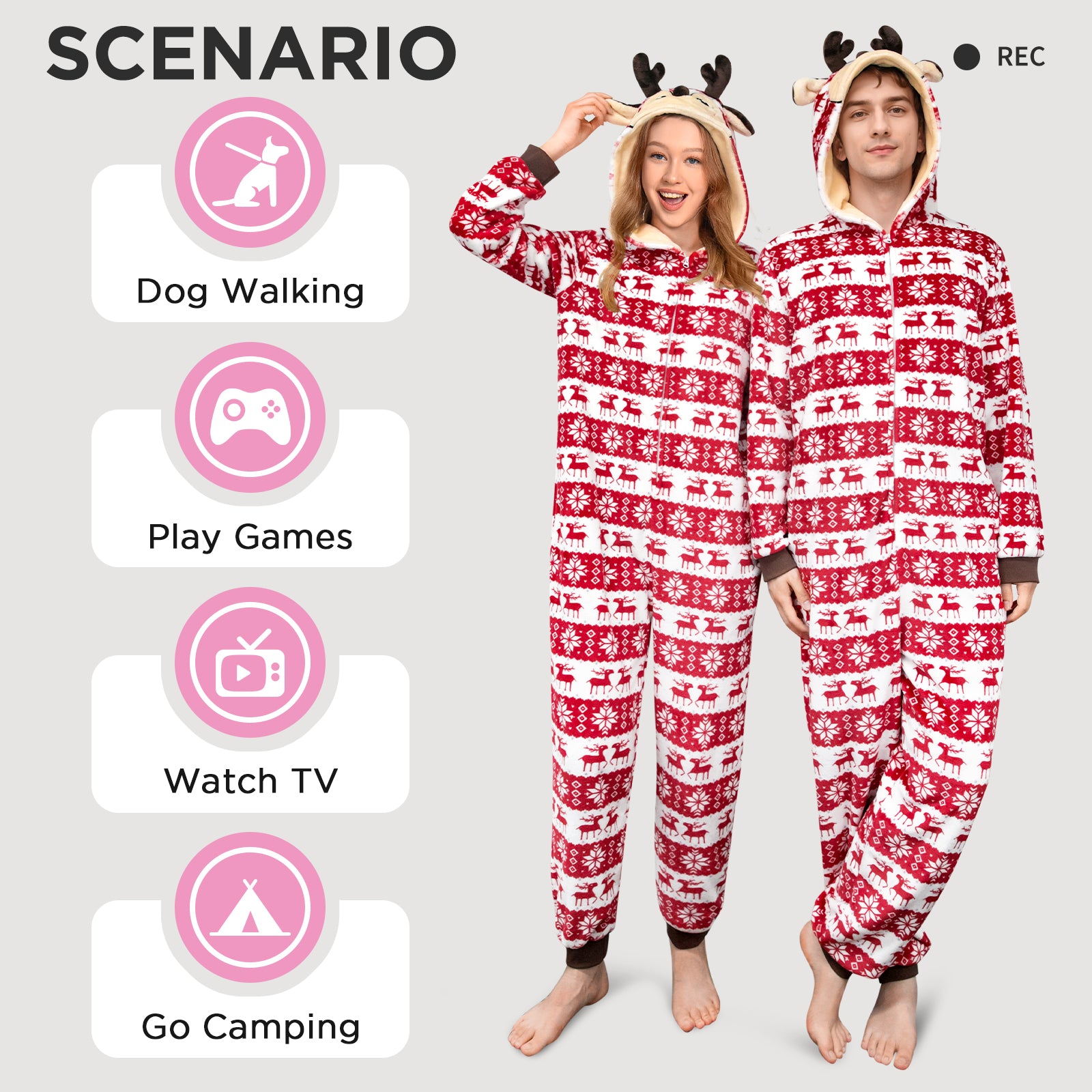 OLAOLA Unisex Adult Printed Christmas Elk Plush Onesie Pajamas Warm Home Sleepwear