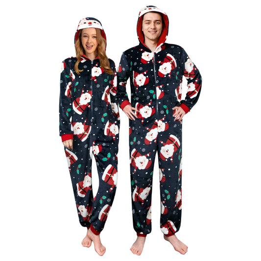 OLAOLA Unisex Adult Printed Santa Claus Christmas Plush Onesie Pajamas Warm Home Sleepwear