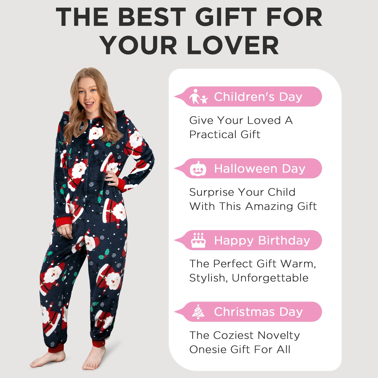 OLAOLA Unisex Adult Printed Santa Claus Christmas Plush Onesie Pajamas Warm Home Sleepwear