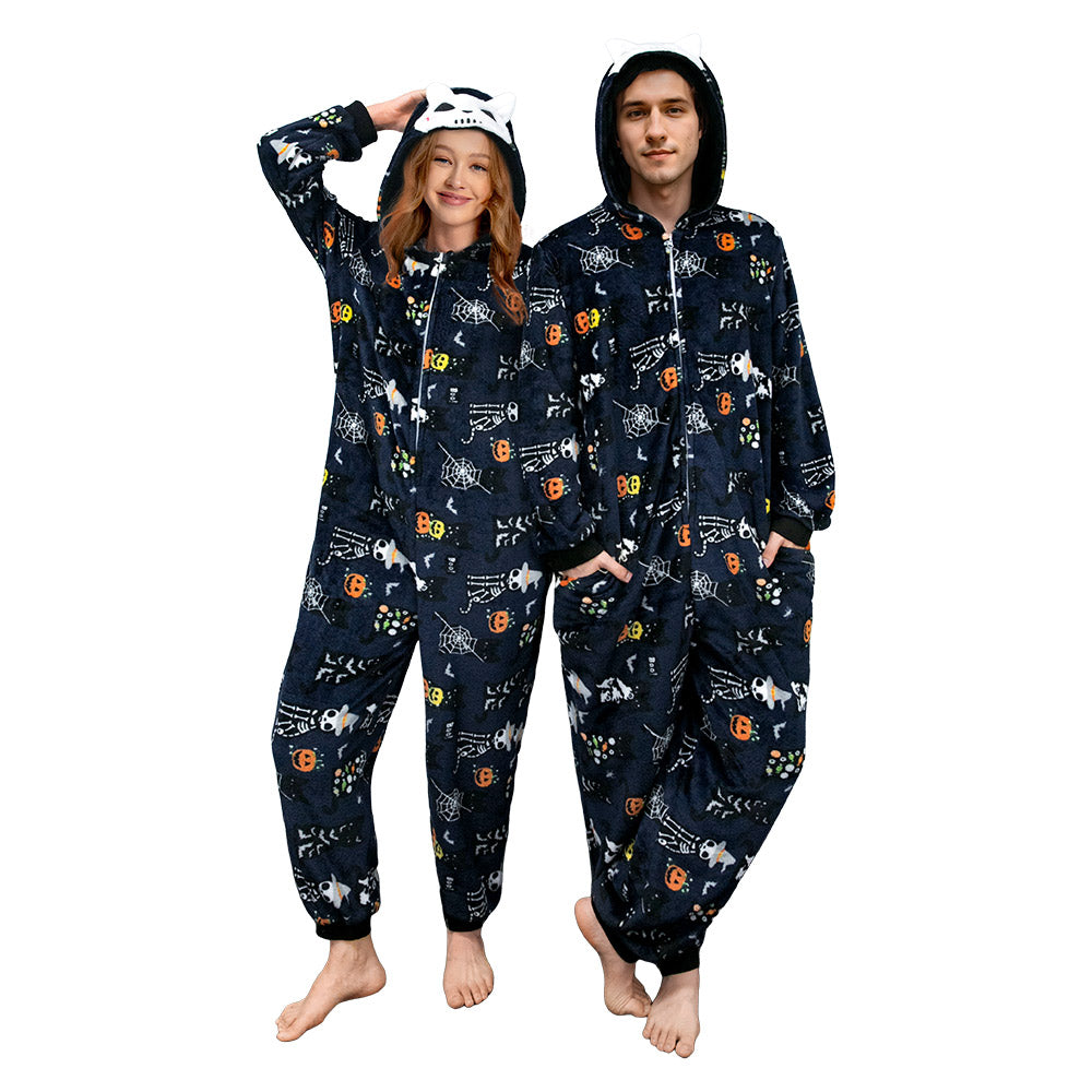 OLAOLA Unisex Adult Printed Skull Halloween Plush Onesie Pajamas Warm Home One-Piece Sleepwear