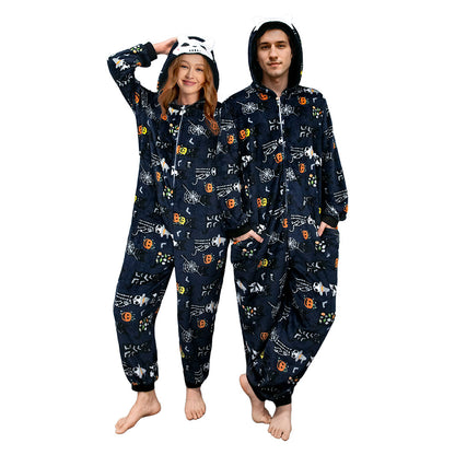 OLAOLA Unisex Adult Printed Skull Halloween Plush Onesie Pajamas Warm Home One-Piece Sleepwear