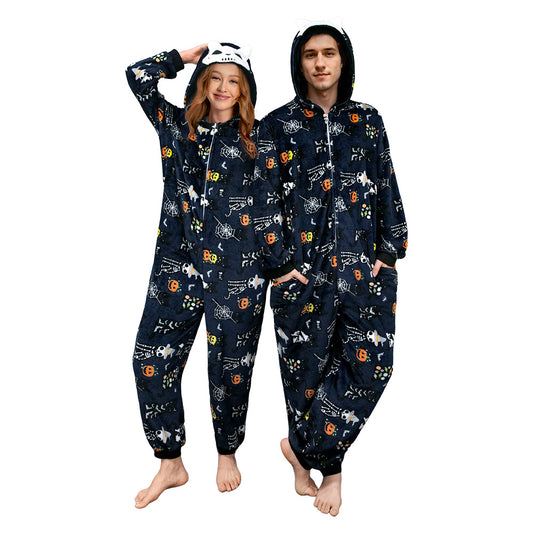 OLAOLA Unisex Adult Printed Skull Halloween Plush Onesie Pajamas Warm Home One-Piece Sleepwear