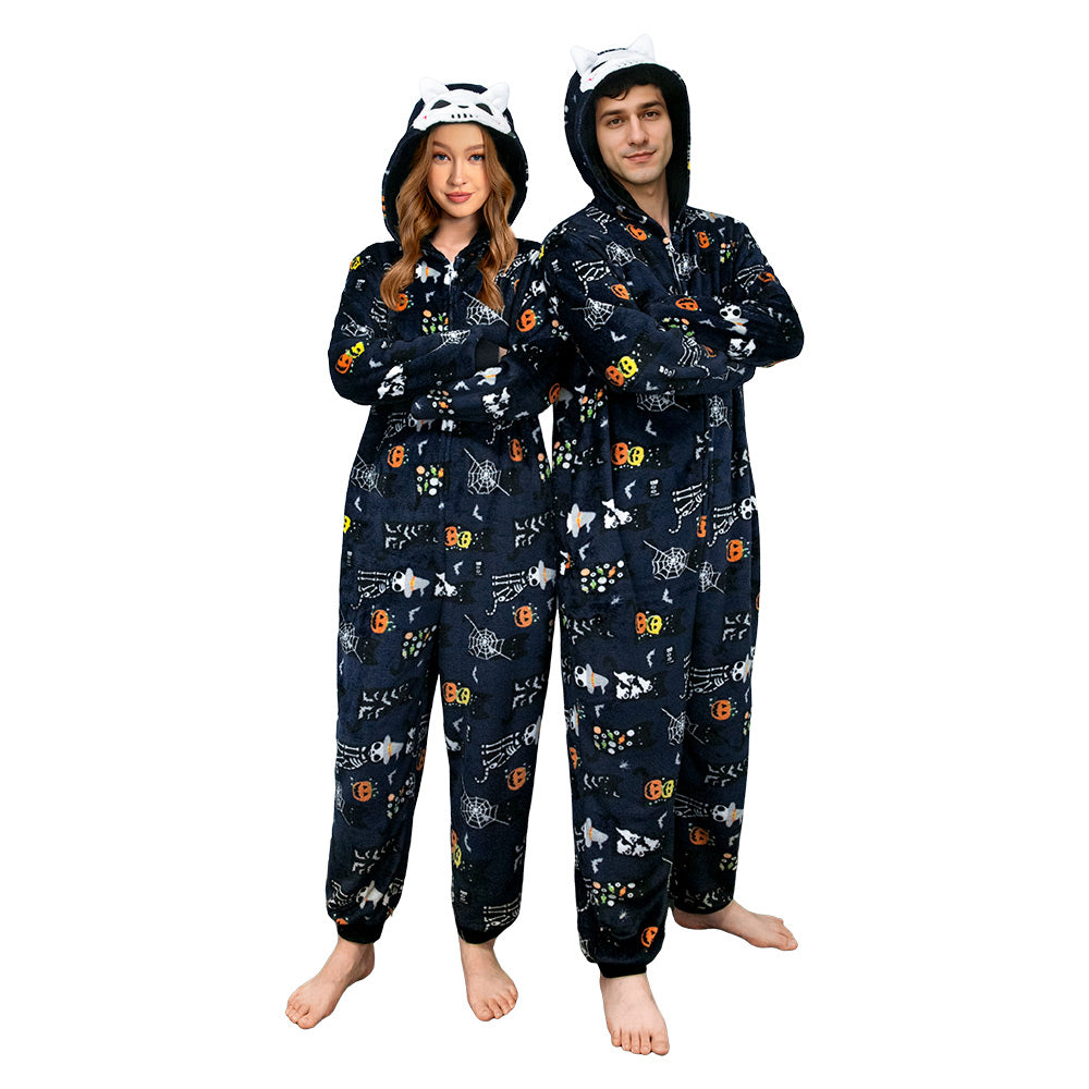 OLAOLA Unisex Adult Printed Skull Halloween Plush Onesie Pajamas Warm Home One-Piece Sleepwear