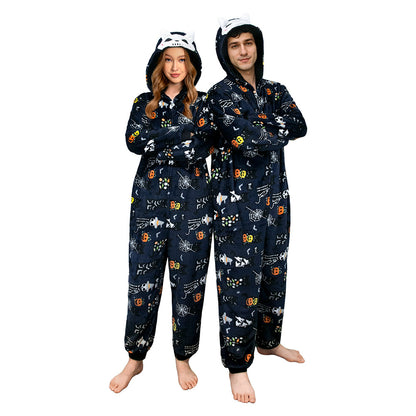 OLAOLA Unisex Adult Printed Skull Halloween Plush Onesie Pajamas Warm Home One-Piece Sleepwear