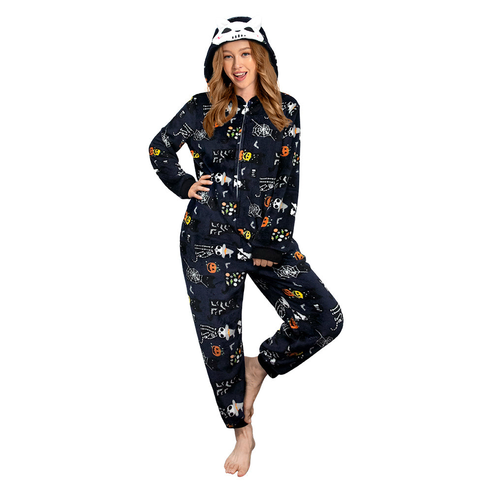 OLAOLA Unisex Adult Printed Skull Halloween Plush Onesie Pajamas Warm Home One-Piece Sleepwear