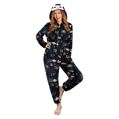 OLAOLA Unisex Adult Printed Skull Halloween Plush Onesie Pajamas Warm Home One-Piece Sleepwear