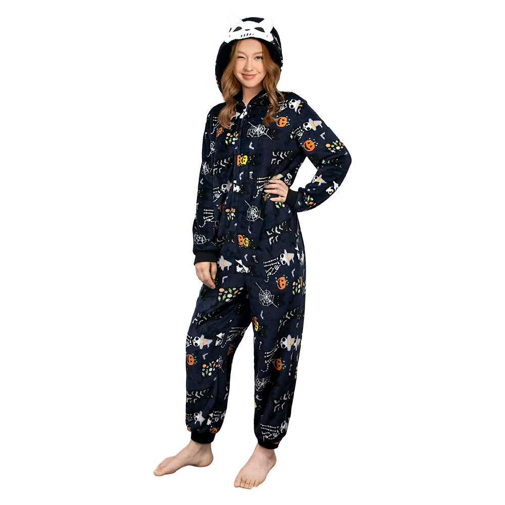 OLAOLA Unisex Adult Printed Skull Halloween Plush Onesie Pajamas Warm Home One-Piece Sleepwear