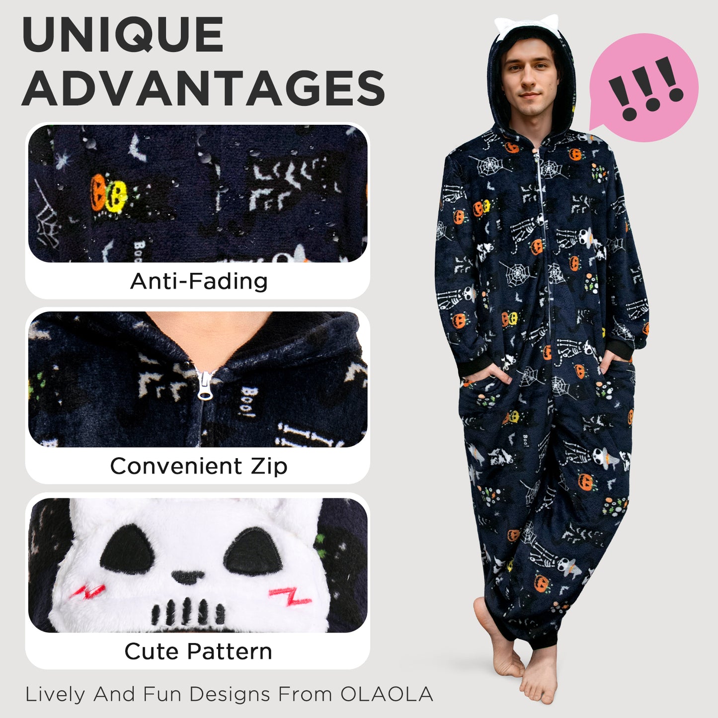 OLAOLA Unisex Adult Printed Skull Halloween Plush Onesie Pajamas Warm Home One-Piece Sleepwear