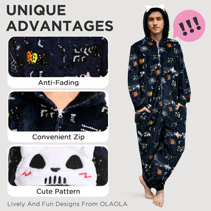 OLAOLA Unisex Adult Printed Skull Halloween Plush Onesie Pajamas Warm Home One-Piece Sleepwear
