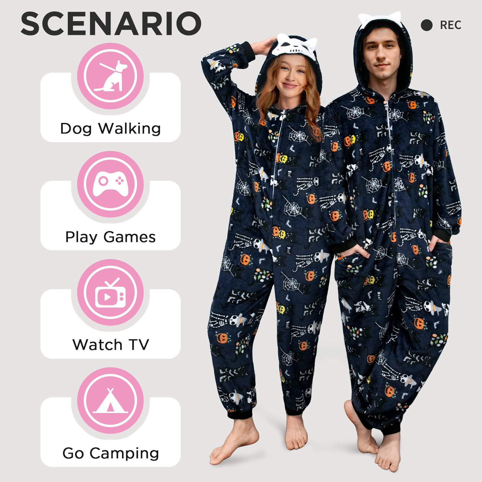OLAOLA Unisex Adult Printed Skull Halloween Plush Onesie Pajamas Warm Home One-Piece Sleepwear