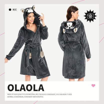 OLAOLA Women Adult Raccoon Animal Onesie Plush Bathrobe Soft Flannel Warm Home Robe