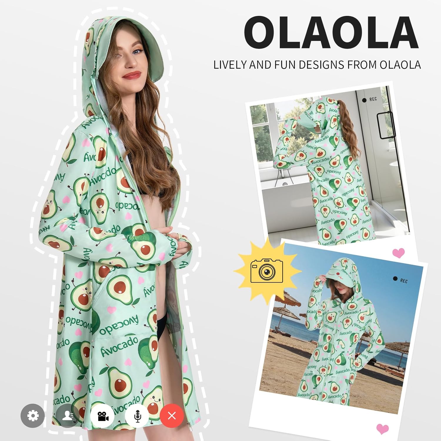 OLAOLA Women UPF 50+ Avocado Sun Protection Hoodie Beach Swim Cover Up Lightweight Long Sleeve Hiking Outdoor
