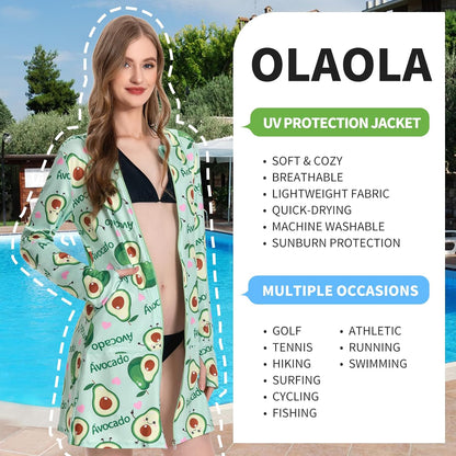 OLAOLA Women UPF 50+ Avocado Sun Protection Hoodie Beach Swim Cover Up Lightweight Long Sleeve Hiking Outdoor