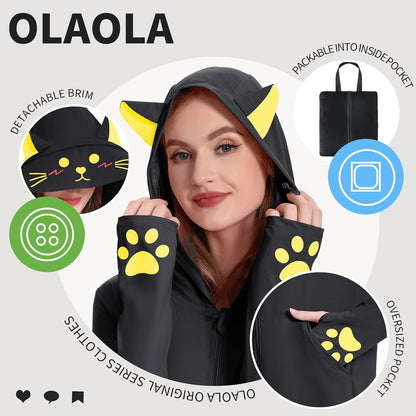 OLAOLA Women UPF 50+ Black Cat Swim Cover Up Sun Protection Hoodie Long Sleeve Quick Dry Jacket
