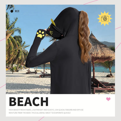 OLAOLA Women UPF 50+ Black Cat Swim Cover Up Sun Protection Hoodie Long Sleeve Quick Dry Jacket