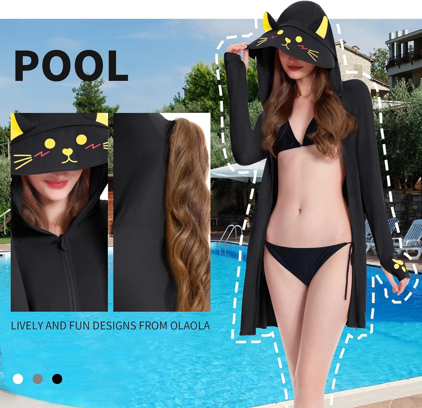 OLAOLA Women UPF 50+ Black Cat Swim Cover Up Sun Protection Hoodie Long Sleeve Quick Dry Jacket