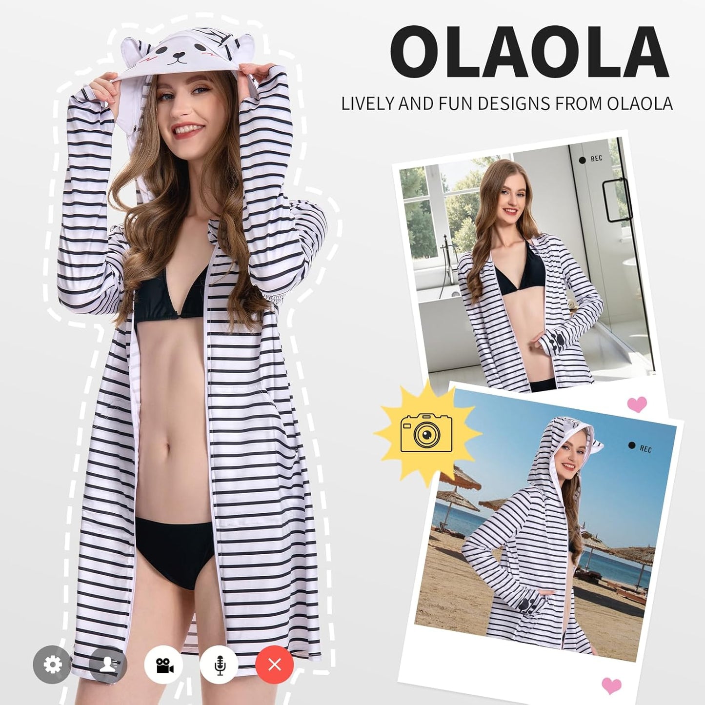 OLAOLA Women UPF 50+ Gray Striped Printed Sun Protection Hoodie Long Sleeve Hiking Outdoor Beach Swim Cover Up
