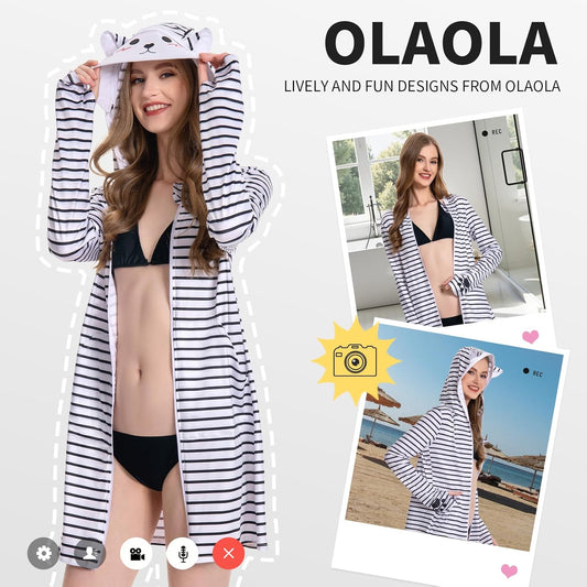 OLAOLA Women UPF 50+ Gray Striped Printed Sun Protection Hoodie Long Sleeve Hiking Outdoor Beach Swim Cover Up