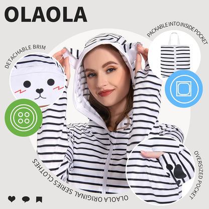 OLAOLA Women UPF 50+ Gray Striped Printed Sun Protection Hoodie Long Sleeve Hiking Outdoor Beach Swim Cover Up