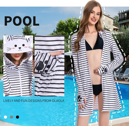 OLAOLA Women UPF 50+ Gray Striped Printed Sun Protection Hoodie Long Sleeve Hiking Outdoor Beach Swim Cover Up
