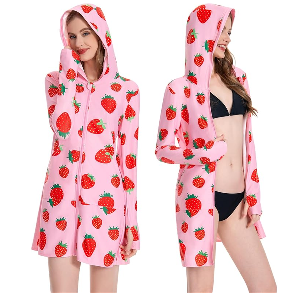OLAOLA Women UPF 50+ Strawberry Sun Protection Jacket Sunscreen Hoodie Long Sleeve Quick Dry Hiking Outdoor Swim Cover