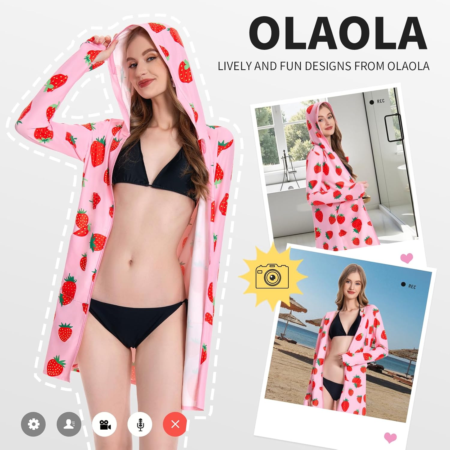 OLAOLA Women UPF 50+ Strawberry Sun Protection Jacket Sunscreen Hoodie Long Sleeve Quick Dry Hiking Outdoor Swim Cover