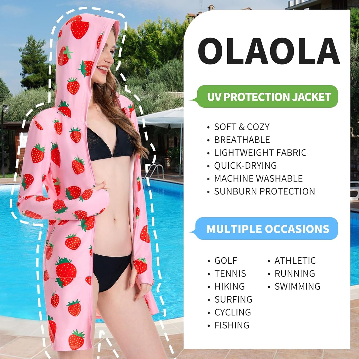 OLAOLA Women UPF 50+ Strawberry Sun Protection Jacket Sunscreen Hoodie Long Sleeve Quick Dry Hiking Outdoor Swim Cover