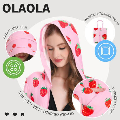OLAOLA Women UPF 50+ Strawberry Sun Protection Jacket Sunscreen Hoodie Long Sleeve Quick Dry Hiking Outdoor Swim Cover
