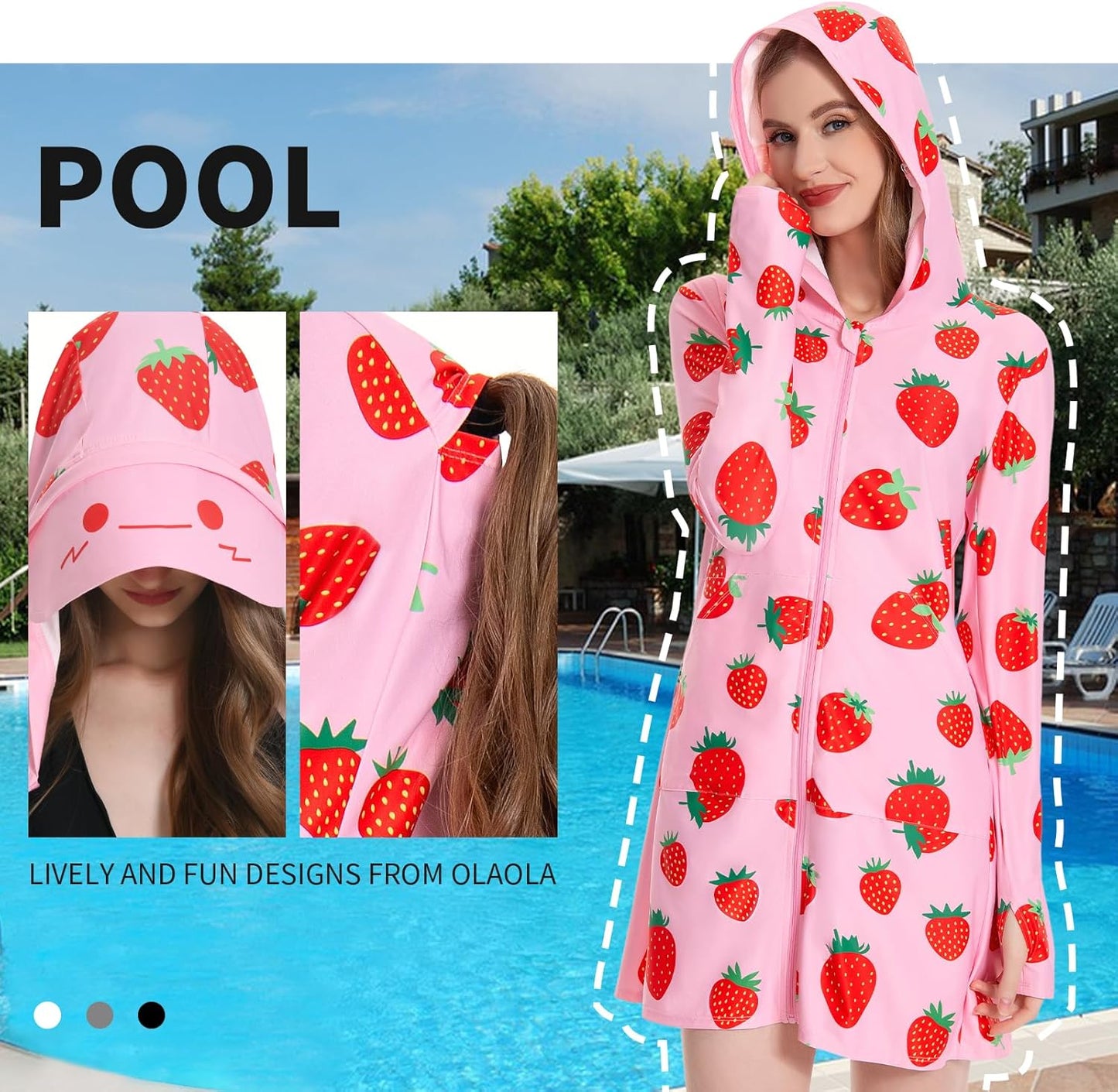 OLAOLA Women UPF 50+ Strawberry Sun Protection Jacket Sunscreen Hoodie Long Sleeve Quick Dry Hiking Outdoor Swim Cover