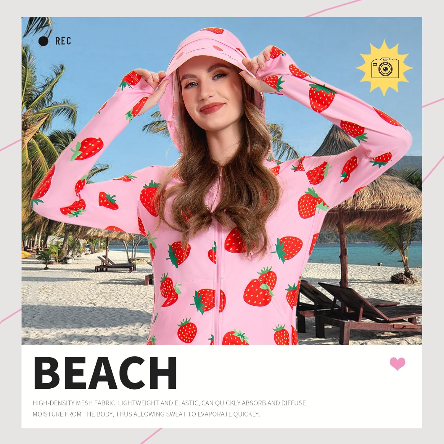 OLAOLA Women UPF 50+ Strawberry Sun Protection Jacket Sunscreen Hoodie Long Sleeve Quick Dry Hiking Outdoor Swim Cover